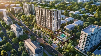 Obraz premium Aerial View of a Modern Apartment Complex Surrounded by Greenery