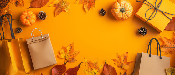 Banner of Autumn Shopping Essentials - A vibrant autumn-themed flat lay featuring shopping bags, pumpkins, pinecones, and colorful leaves arranged on an orange background.