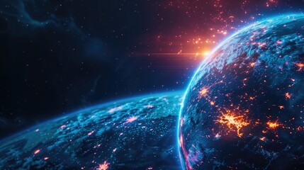 Obraz premium Spectacular view of two planets in space, one with glowing lights and the other with stars in the background, showcasing the beauty of the cosmos.