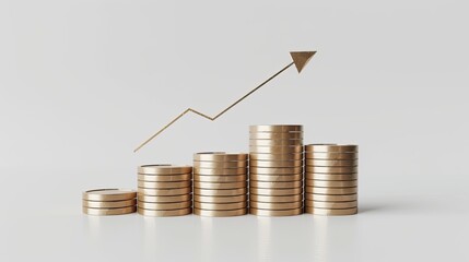 Stacked coins resembling a bar graph with an upward arrow, representing financial growth, investment, and economic success on white background.