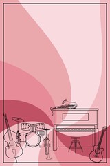 Musical instrument illustration. Piano, bass, guitar, sax, trumpet & drums. Use as design element for notices, announcements, posters, flyers, handbills, stationery, websites & more.