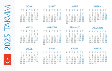 Calendar 2025 Horizontal - illustration. Turkish version