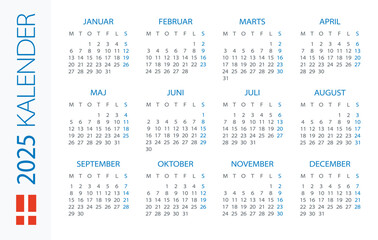 Calendar 2025 Horizontal - illustration. Danish version