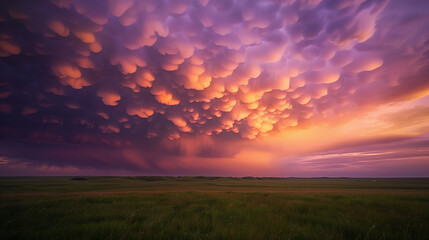 Fototapeta premium Mammatus clouds, round cloud formations hanging in the orange and purple evening sky, Ai generated Images
