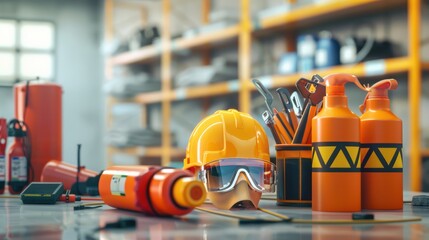 Adverse event in a workplace with safety equipment and warning signs 