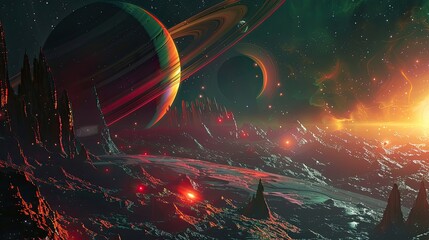 Fototapeta premium Stunning depiction of an alien planet landscape with multiple moons, rings, and sci-fi scenery. Perfect for fantasy and space-themed projects.