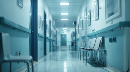 A hospital hallway with a blue door and a red fire extinguisher. Generate AI image