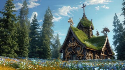 Fototapeta premium A traditional Norwegian stave church with dragon carvings and a grass-covered roof, surrounded by wildflowers and towering pine trees.