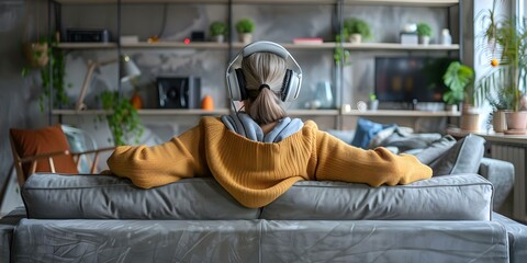 Obraz premium Woman in headphones relaxing on sofa listening to music at home. Concept Relaxing at Home, Listening to Music, Woman in Headphones, Sofa, Lifestyle