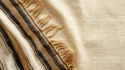 The fine weave of a tallit (prayer shawl) with tzitzit (fringes) visible with copy space