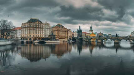 Obraz premium A city with a river running through it and a bridge over it. Generate AI image