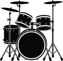 drum kit silhouette, drum kit vector illustration, Black silhouette drum kit isolated on white background