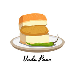 Vada Paav Indian Food Snacks Delicious Tasty Art Illustration Design Vector
