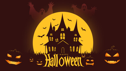 Haloween web banner with scary face, pumpkin, haunted house, bat. Haloween typography illustration
