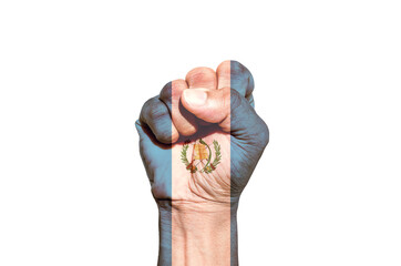 Man hand fist of Guatemala flag painted, fist flag, Strength, Power, Protest concept.