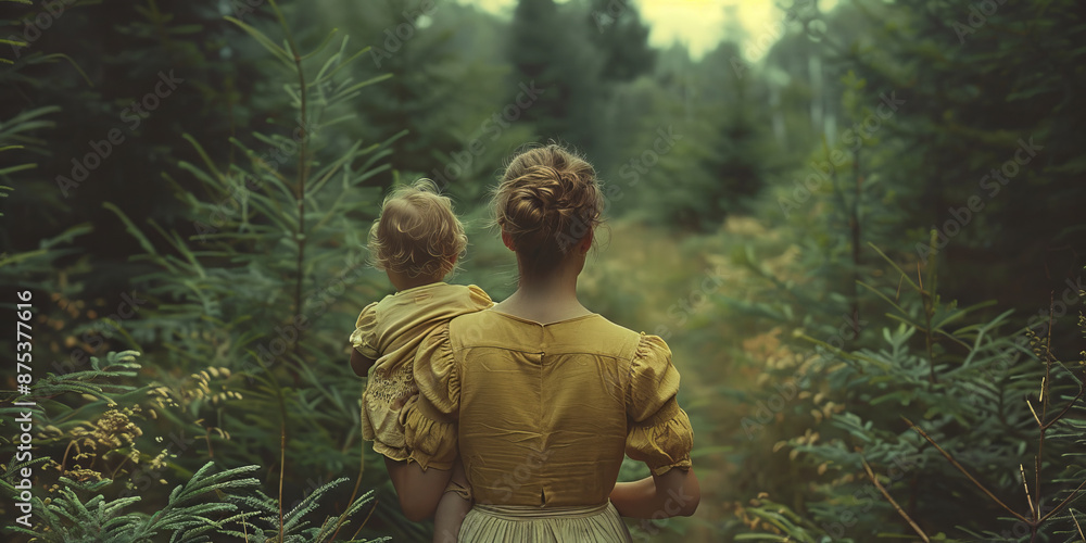 Wall mural An old vintage analog photo of a mother holding her 6 months daughter in a beautiful safe forest,generative ai