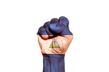 Man hand fist of Nicaragua flag painted, fist flag, Strength, Power, Protest concept.