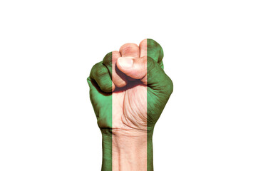 Man hand fist of Nigeria flag painted, fist flag, Strength, Power, Protest concept.