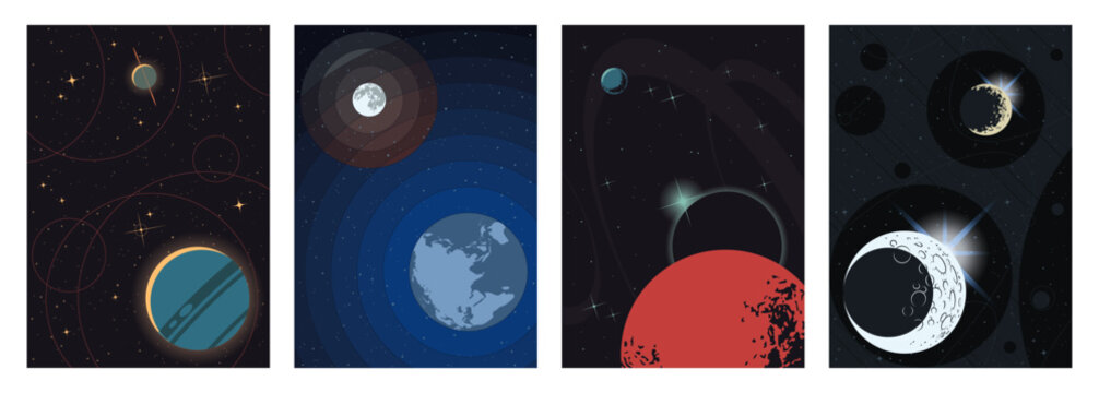 Deep Space Panoramas, Planetary Orbit, Stars, Moon. Starry Backgrounds. Cosmic Illustration Set, Vector Templates for Space Posters, Covers, Illustrations