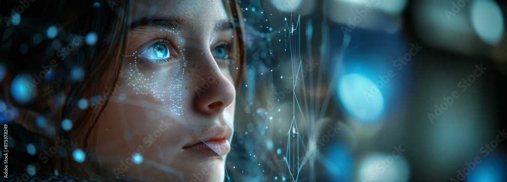 Poster close-up of a woman's face with digital interface elements overlay. portrait with futuristic technol