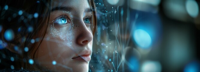 Close-up of a woman's face with digital interface elements overlay. Portrait with futuristic technology effects. Artificial intelligence and cyber theme. Banner with copy space