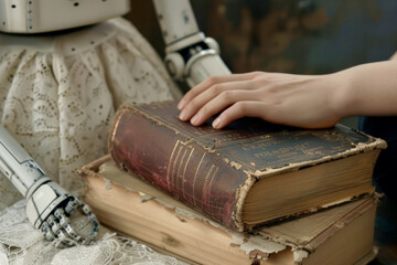 Robot and Human Hand on Antique Books
