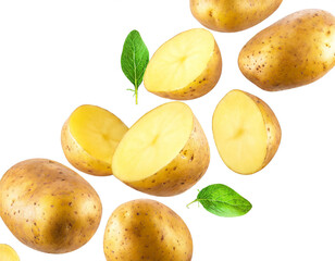 Kartoffeln fallend isoliert auf weißen Hintergrund, Freisteller