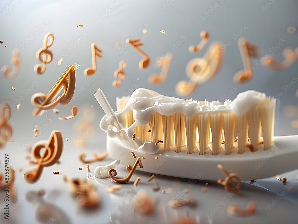 Poster toothpaste squeezed onto toothbrush resembles musical patterns for orchestra tuning
