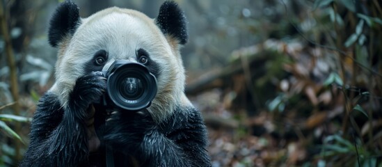 Obraz premium Panda Photographer in Forest. A panda holding a camera, mimicking a photographer in a dense, misty forest, creating a whimsical scene. Banner with copy space