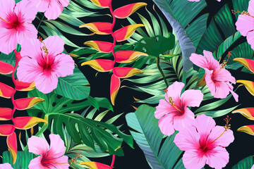 Tropical pattern. Paradise plants and flowers. Hawaiian pattern. Exotic, tropics