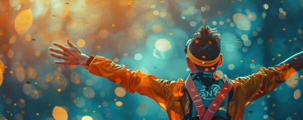 Diver celebrating on podium, gold medal around neck, triumphant pose, selective focus, victory theme, ethereal, composite, award ceremony backdrop