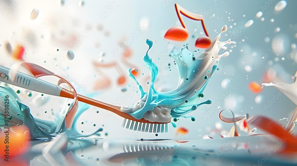 Poster energetic toothpaste splashes resembling musical notes against dynamic backdrop