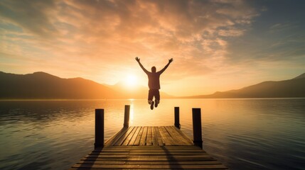 Fototapeta premium Man doing jumping jacks on a pier at sunrise