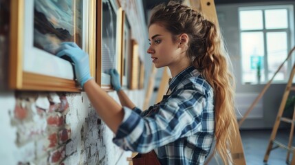 New employees hanging picture frames on a wall
