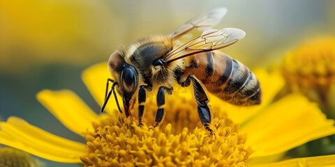 The Significance of Pollinators A Closeup of a Bee Pollinating a Flower. Concept Nature Photography, Pollination Process, Close-up Shots, Biodiversity Conservation