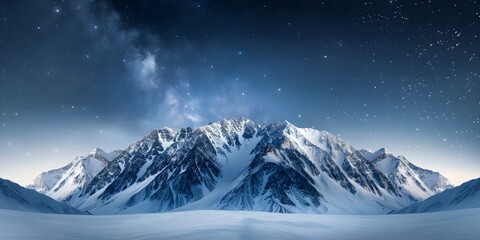"Scenic Night View Milky Way, Snowy Mountains, Moonlight, and Chilly Atmosphere". Concept Nighttime Photography, Milky Way, Snowy Landscapes, Moonlit Scenes, Chilly Atmosphere