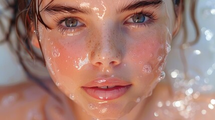 Close-up of face washing cleansing facial skin.