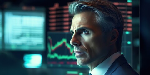 Male Businessman analyzing bank stock charts data finance diagram interface background scene