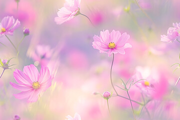 Naklejka premium Soft focus pink cosmos flowers on a blurred pastel background. The flowers are ethereal and dreamy, creating a serene and calm mood. A seamless pattern.