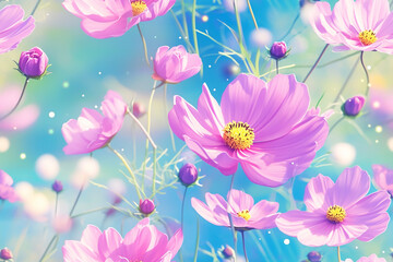 Fototapeta premium Pink cosmos flowers in full bloom with green stems and buds on a soft blue background. The flowers are delicate and vibrant, creating a lively and fresh atmosphere.