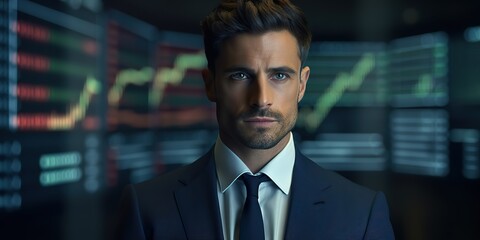 Male Businessman analyzing bank stock charts data finance diagram interface background scene