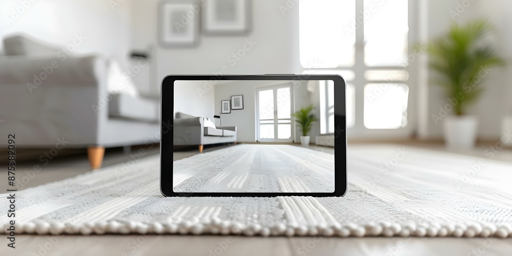 Poster using augmented reality on a tablet to visualize furniture in a new home. concept furniture visualiz