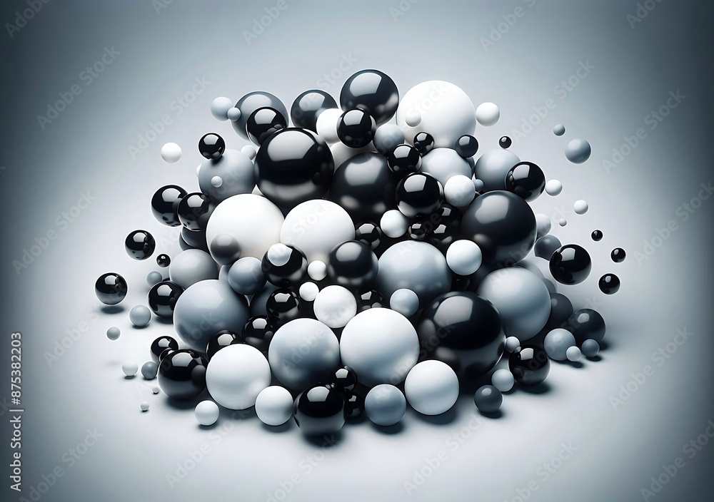 Poster black and white sphere cluster, 3d render of a circular cluster of black and white spheres, with som