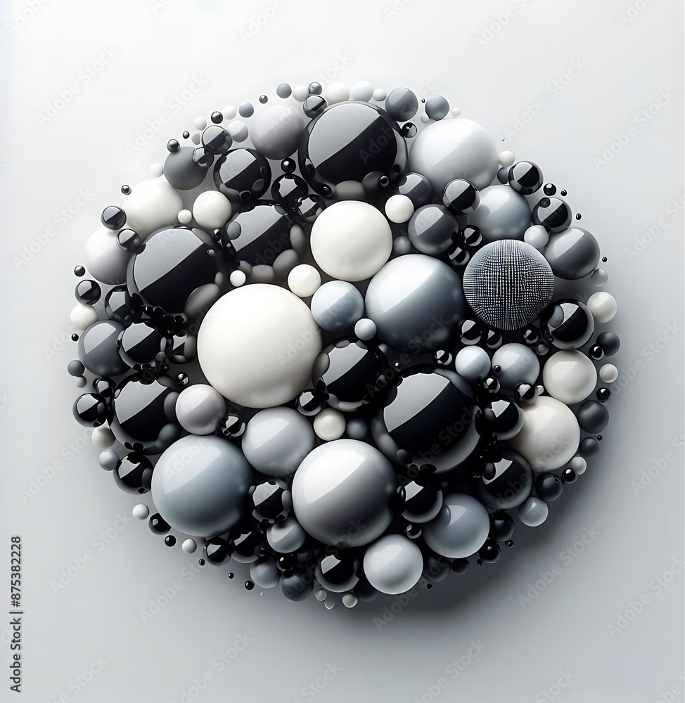 Poster black and white sphere cluster, 3d render of a circular cluster of black and white spheres, with som