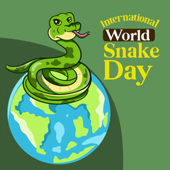 banner for World Snake Day at 16th of July with cartoon rattlesnake, typography. Holiday concept for website, poster, background, card to raise awareness about importance of snakes.