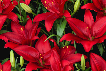 Realistic seamless pattern featuring vibrant red lilies and green leaves on a black background.
