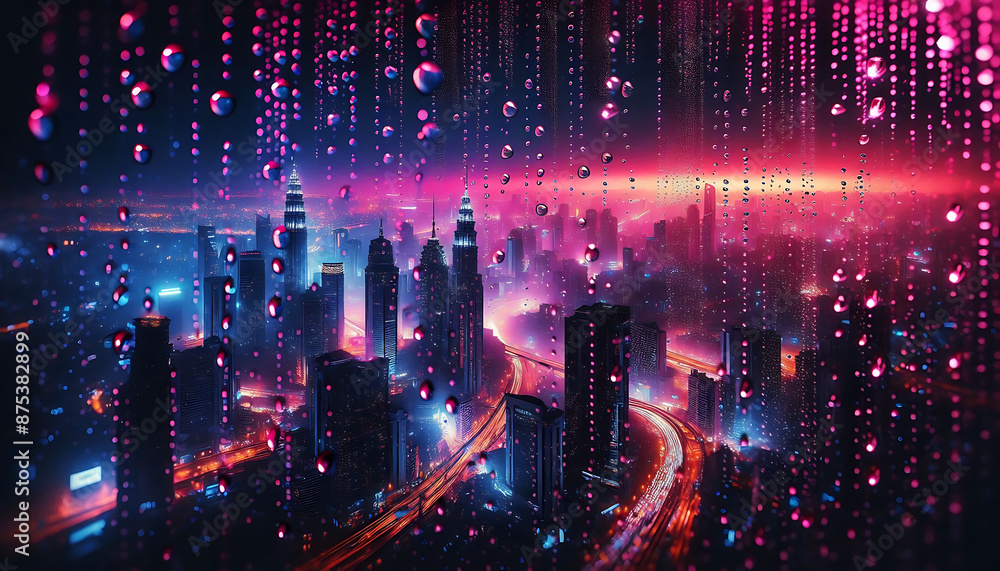 Poster raindrops and city lights: this image captures the view of city lights through a window with raindro