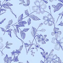 Nature-inspired floral motif grid pattern with realistic blue, green, and pink flowers