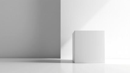 A white box is standing on a white surface. Generate AI image