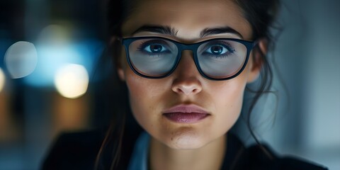 Fototapeta premium Young woman wearing glasses working on a virtual panel in a dimly lit office. Concept Virtual work, Young professionals, Office environment, Eyewear fashion, Technology in workplace